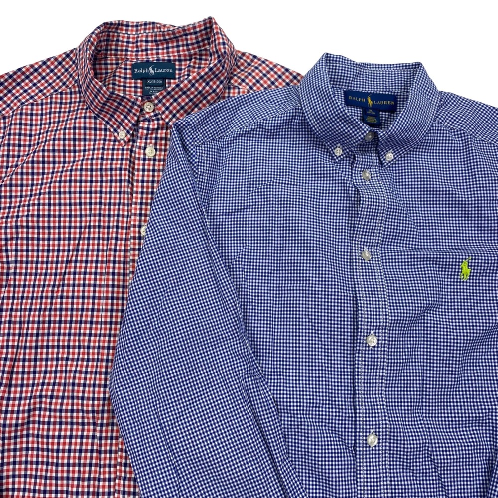 Lot of 2 Ralph Lauren Gingham Check Button Down Kids XL 18-20 Long Sleeve Shirt